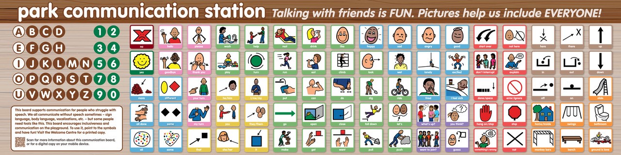 An image of Haliburton County's alternative and augmentative communication board. A printable copy of the board and a list of the words used on the board is available below this image.