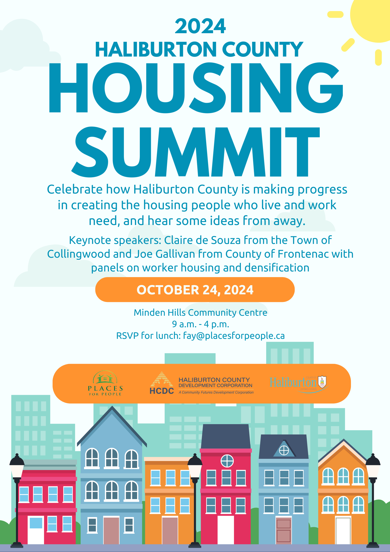 The 2024 Haliburton County Housing Summit poster advertising event details. The summit was held on October 24th at the Minden Hills Community Centre.