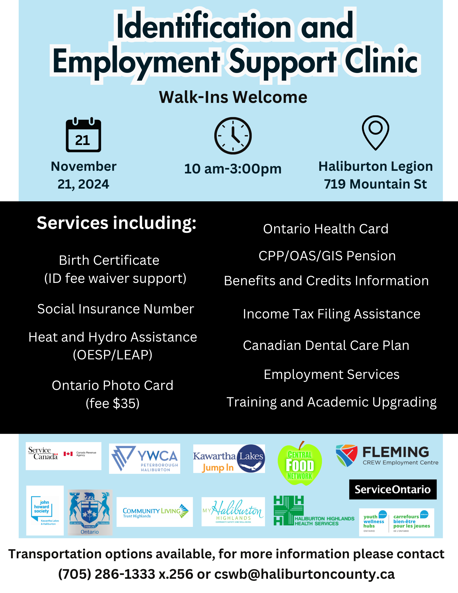 ID clinic poster advertising November 21st event at the Haliburton Legion from 10 - 3 p.m. Services offered include photo ID, birth certificates, health cards, social insurance number and CPP/GIS/OAS/EI supports. 