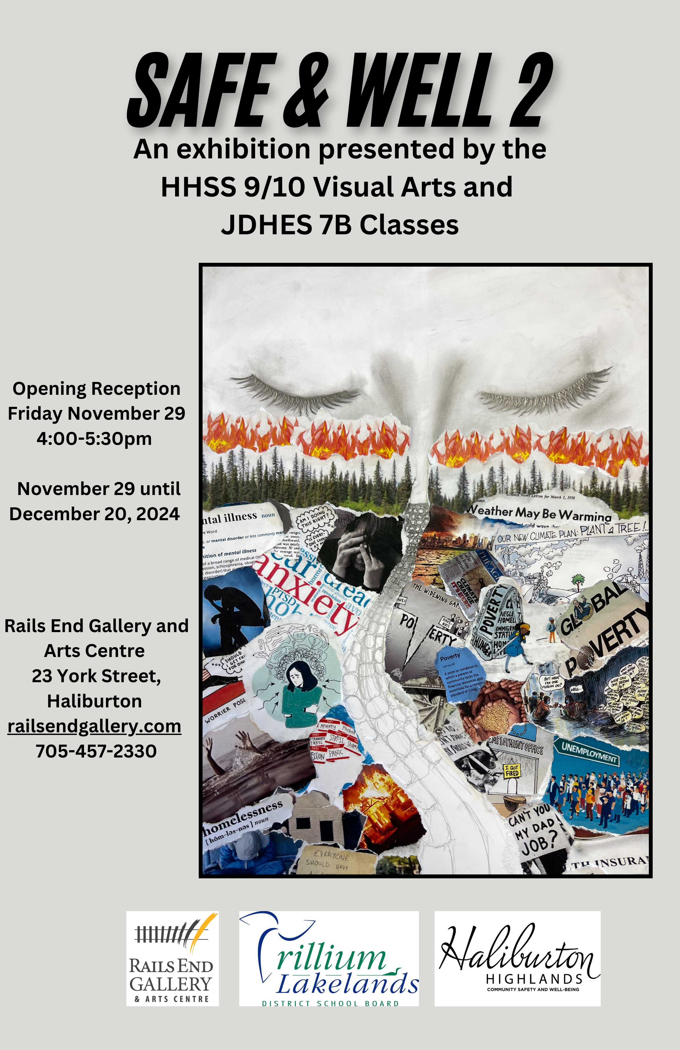 A student-made poster advertises the youth art exhibition, opening at Rails End Gallery on November 29.